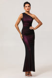 Black Pink One Shoulder Mermaid Long Bridesmaid Dress with Slit