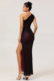 Black Pink One Shoulder Mermaid Long Bridesmaid Dress with Slit