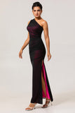 Black Pink One Shoulder Mermaid Long Bridesmaid Dress with Slit