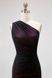 Black Pink Mermaid One Shoulder Long Bridesmaid Dress with Slit