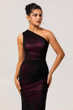 Black Pink One Shoulder Mermaid Long Bridesmaid Dress with Slit