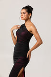 Black Pink One Shoulder Mermaid Long Bridesmaid Dress with Slit