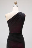 Black Pink Mermaid One Shoulder Long Bridesmaid Dress with Slit