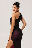 Black Pink One Shoulder Mermaid Long Bridesmaid Dress with Slit
