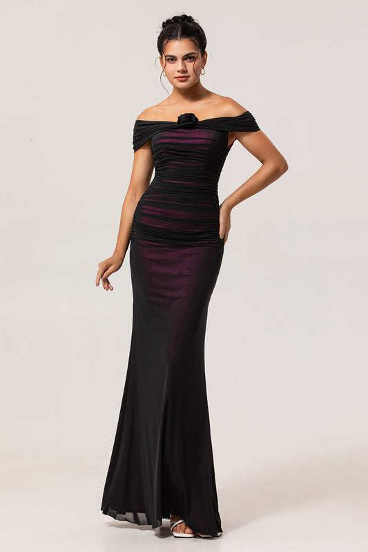 Black Pink Off the Shoulder Mermaid Long Bridesmaid Dress with 3D Flower