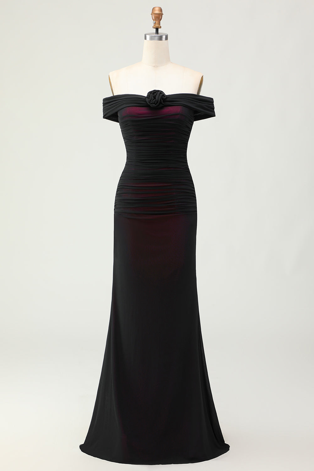 Black Pink Off the Shoulder Mermaid Long Bridesmaid Dress with 3D Flower