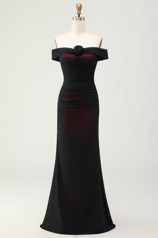 Black Pink Mermaid Off the Shoulder Long Bridesmaid Dress with 3D Flower
