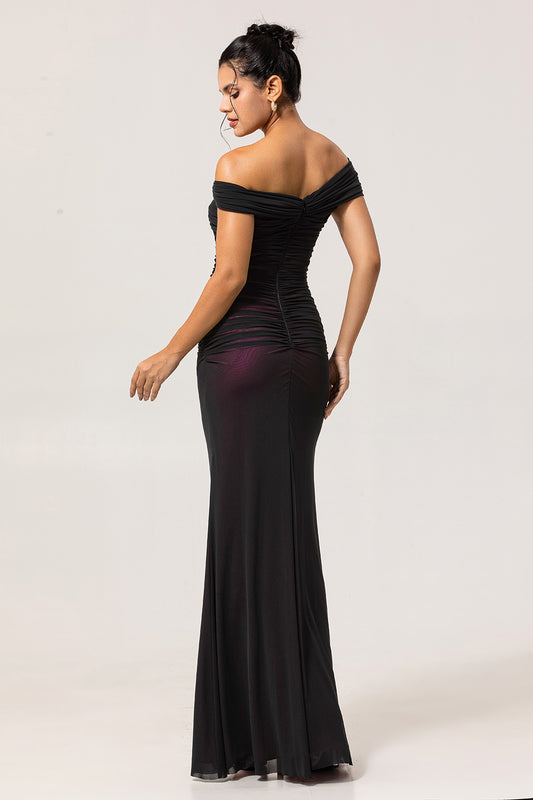 Black Pink Off the Shoulder Mermaid Long Bridesmaid Dress with 3D Flower
