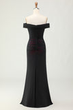 Black Pink Off the Shoulder Mermaid Long Bridesmaid Dress with 3D Flower