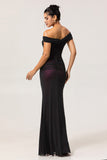 Black Pink Off the Shoulder Mermaid Long Bridesmaid Dress with 3D Flower