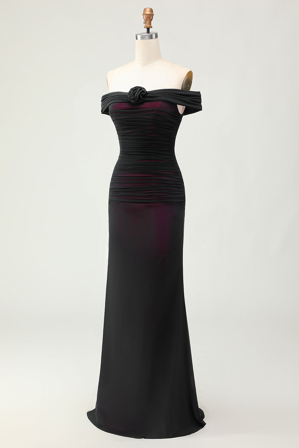 Black Pink Mermaid Off the Shoulder Long Bridesmaid Dress with 3D Flower