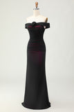 Black Pink Mermaid Off the Shoulder Long Bridesmaid Dress with 3D Flower