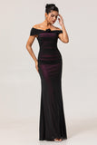 Black Pink Off the Shoulder Mermaid Long Bridesmaid Dress with 3D Flower