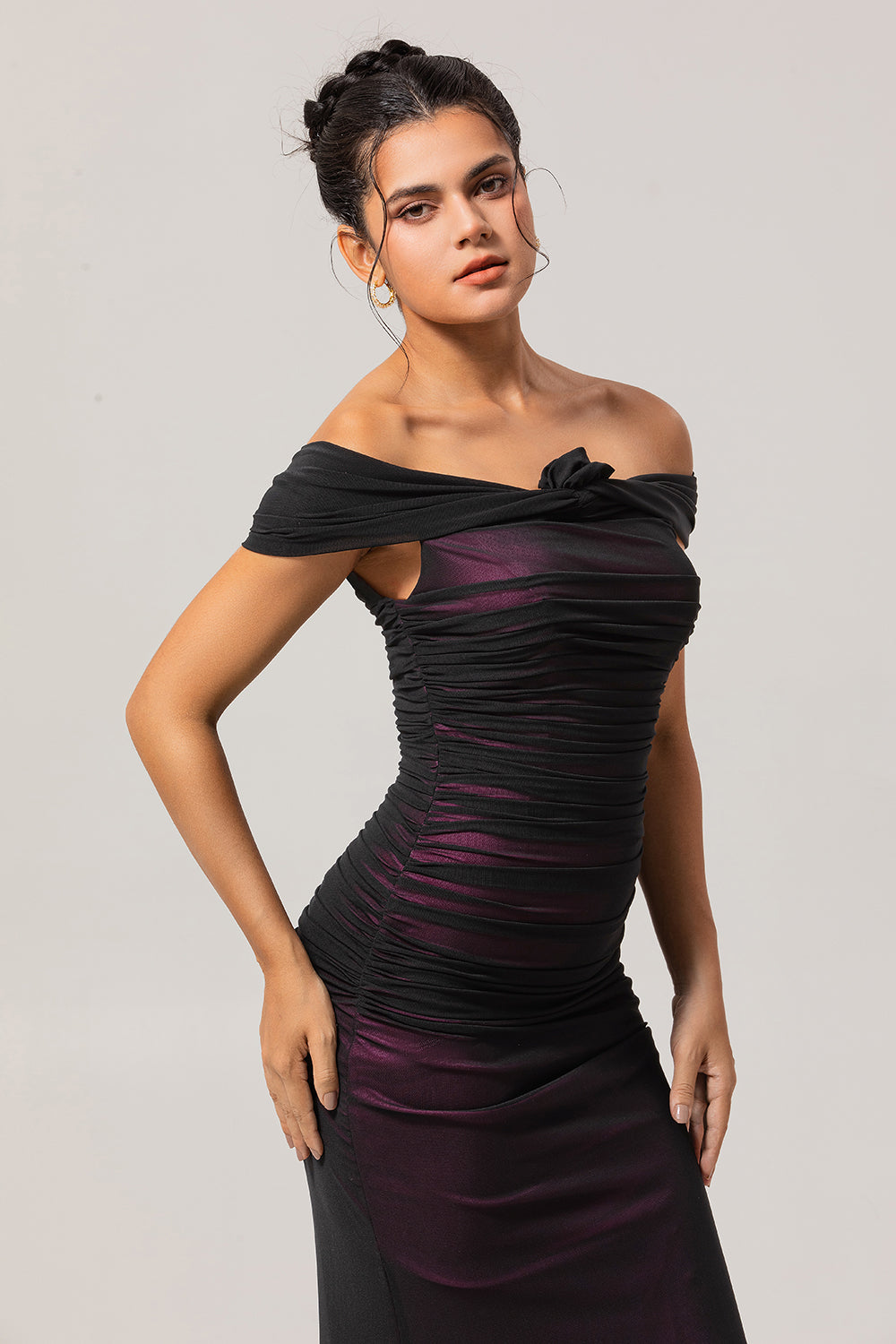 Black Pink Off the Shoulder Mermaid Long Bridesmaid Dress with 3D Flower