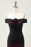 Black Pink Mermaid Off the Shoulder Long Bridesmaid Dress with 3D Flower