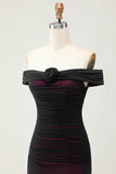 Black Pink Mermaid Off the Shoulder Long Bridesmaid Dress with 3D Flower