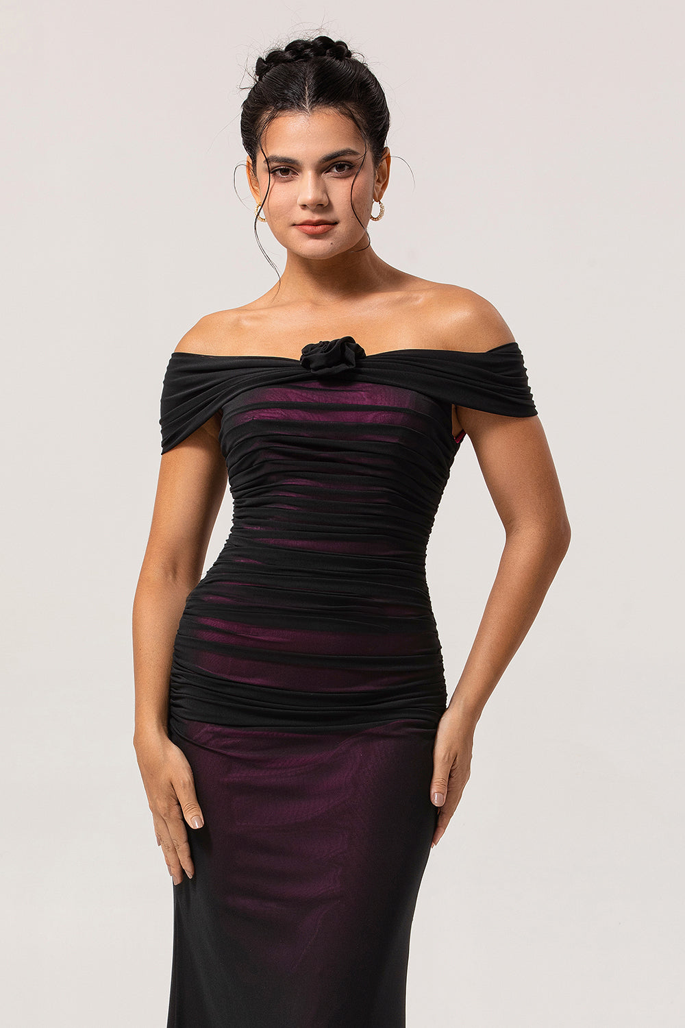 Black Pink Off the Shoulder Mermaid Long Bridesmaid Dress with 3D Flower