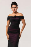 Black Pink Off the Shoulder Mermaid Long Bridesmaid Dress with 3D Flower