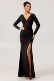 Black Red Mermaid Long Sleeves Bridesmaid Dress with Slit