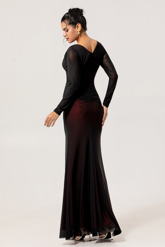 Black Red V-Neck Long Sleeves Bridesmaid Dress with Slit