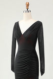 Black Red Mermaid Long Sleeves Bridesmaid Dress with Slit