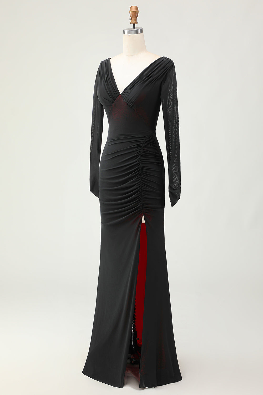 Black Red Mermaid Long Sleeves Bridesmaid Dress with Slit
