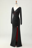 Black Red Mermaid Long Sleeves Bridesmaid Dress with Slit