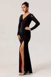 Black Red V-Neck Long Sleeves Bridesmaid Dress with Slit