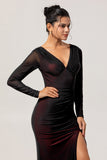 Black Red V-Neck Long Sleeves Bridesmaid Dress with Slit