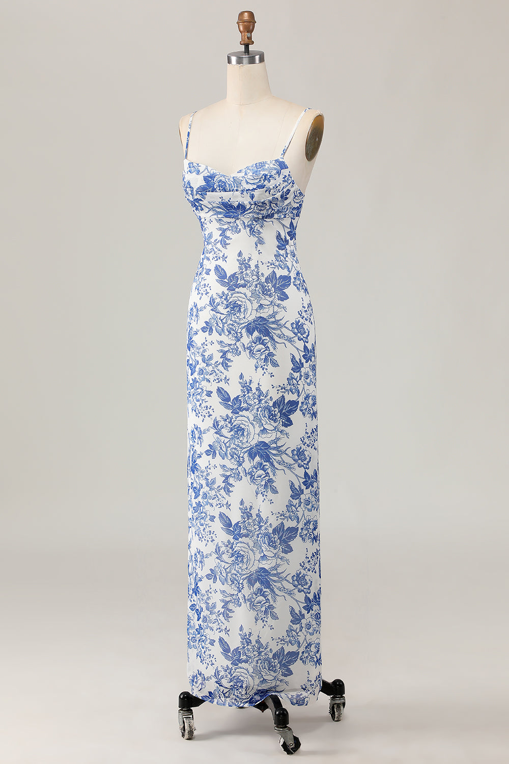 White and Blue Floral Ruched Sheath Long Wedding Guest Dress