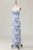 White and Blue Floral Ruched Sheath Long Wedding Guest Dress