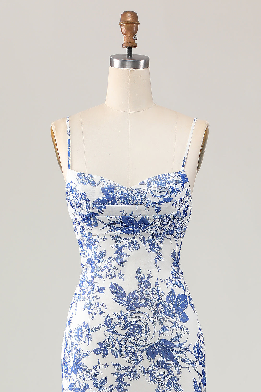 White and Blue Floral Ruched Sheath Long Wedding Guest Dress