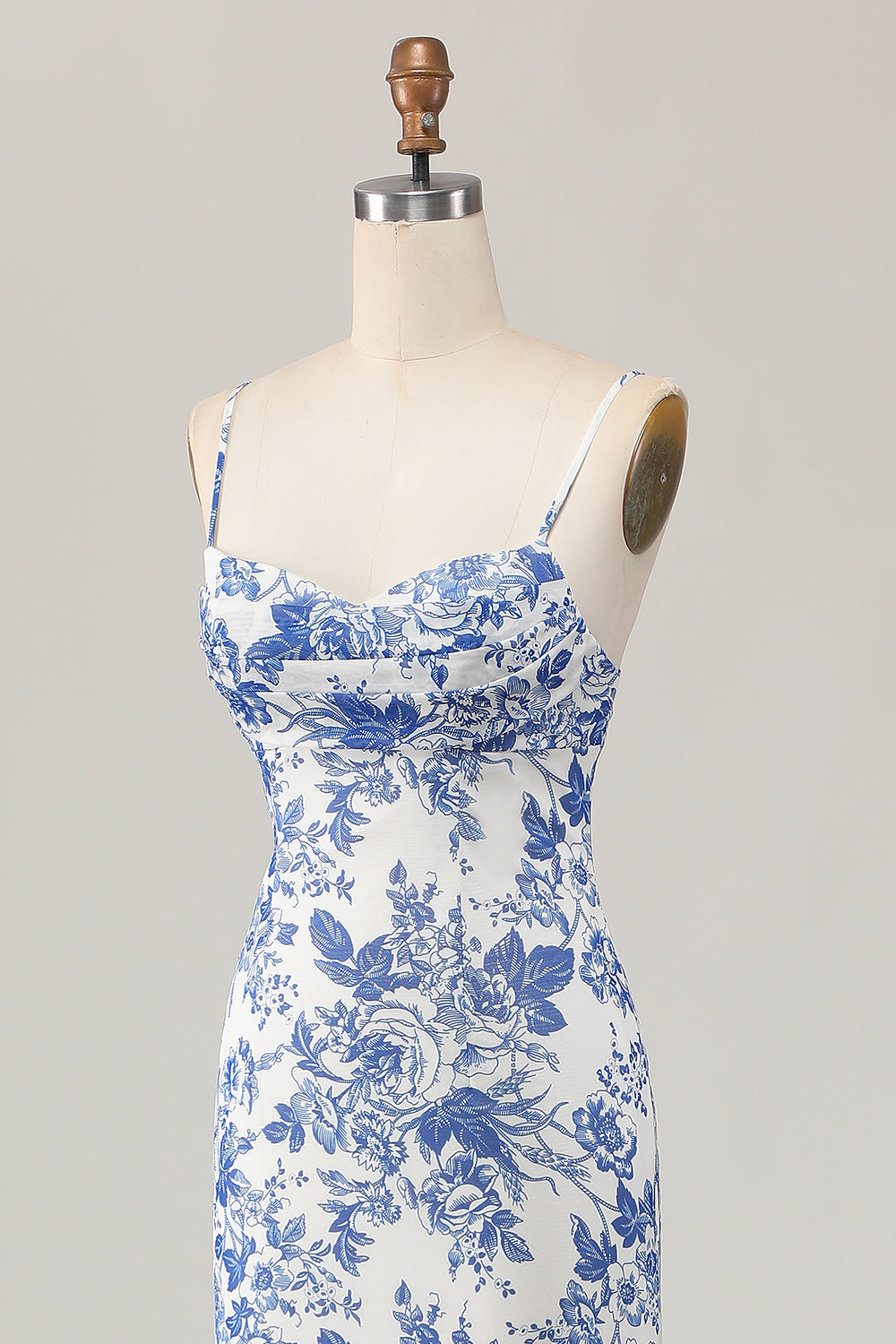 White and Blue Floral Ruched Sheath Long Wedding Guest Dress