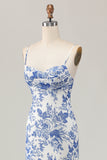 White and Blue Floral Ruched Sheath Long Wedding Guest Dress