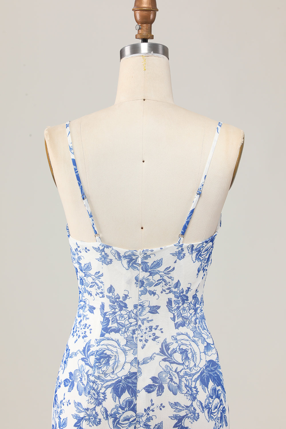 White and Blue Floral Ruched Sheath Long Wedding Guest Dress