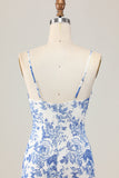 White and Blue Floral Ruched Sheath Long Wedding Guest Dress