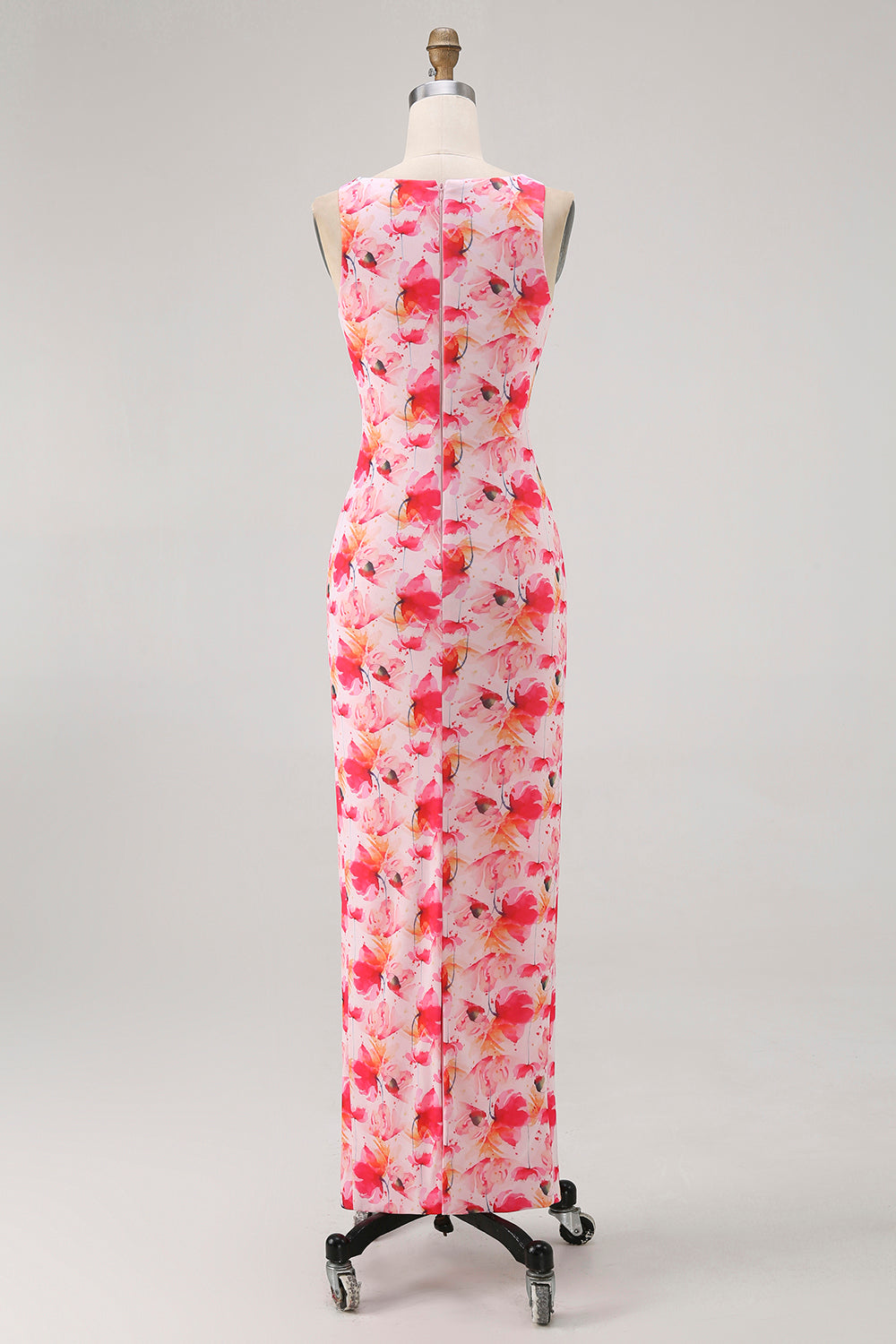 Pink Floral Boat Neck Chiffon Sheath Long Wedding Guest Dress
