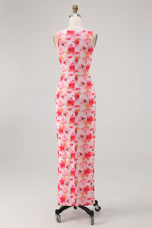 Pink Floral Boat Neck Chiffon Sheath Long Wedding Guest Dress