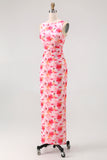 Pink Floral Boat Neck Chiffon Sheath Long Wedding Guest Dress