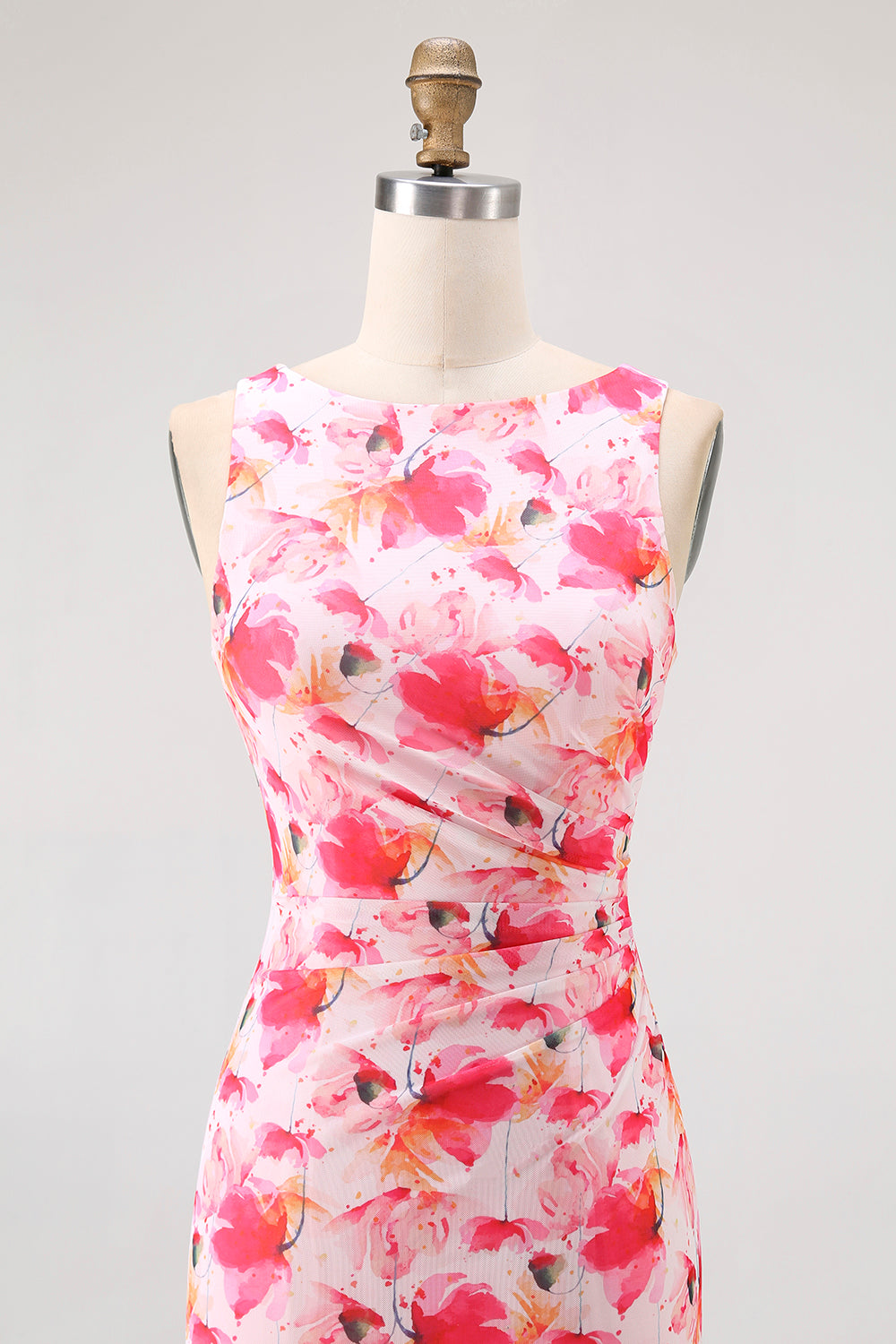 Pink Floral Boat Neck Chiffon Sheath Long Wedding Guest Dress