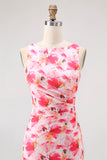 Pink Floral Boat Neck Chiffon Sheath Long Wedding Guest Dress