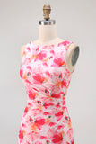 Pink Floral Boat Neck Chiffon Sheath Long Wedding Guest Dress