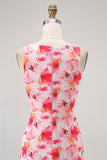 Pink Floral Boat Neck Chiffon Sheath Long Wedding Guest Dress