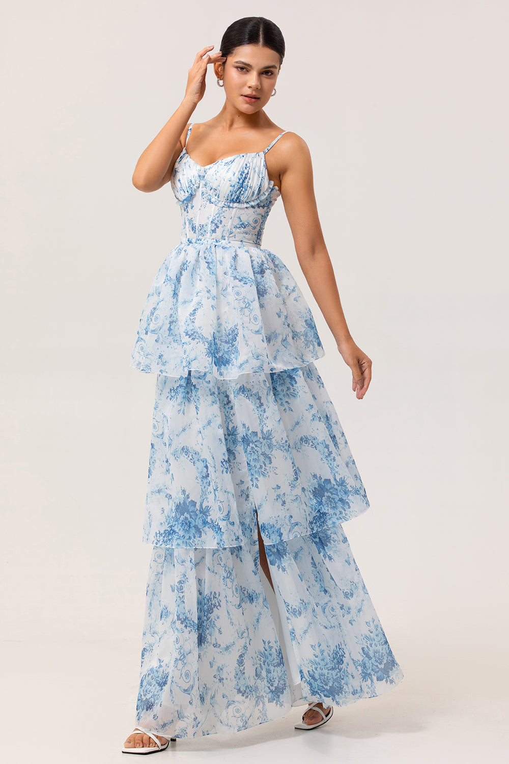 White and Blue Ruffled Corset Long Floral Wedding Guest Dress with Slit