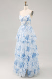 White and Blue Floral Corset Ruffled Long Wedding Guest Dress with Slit