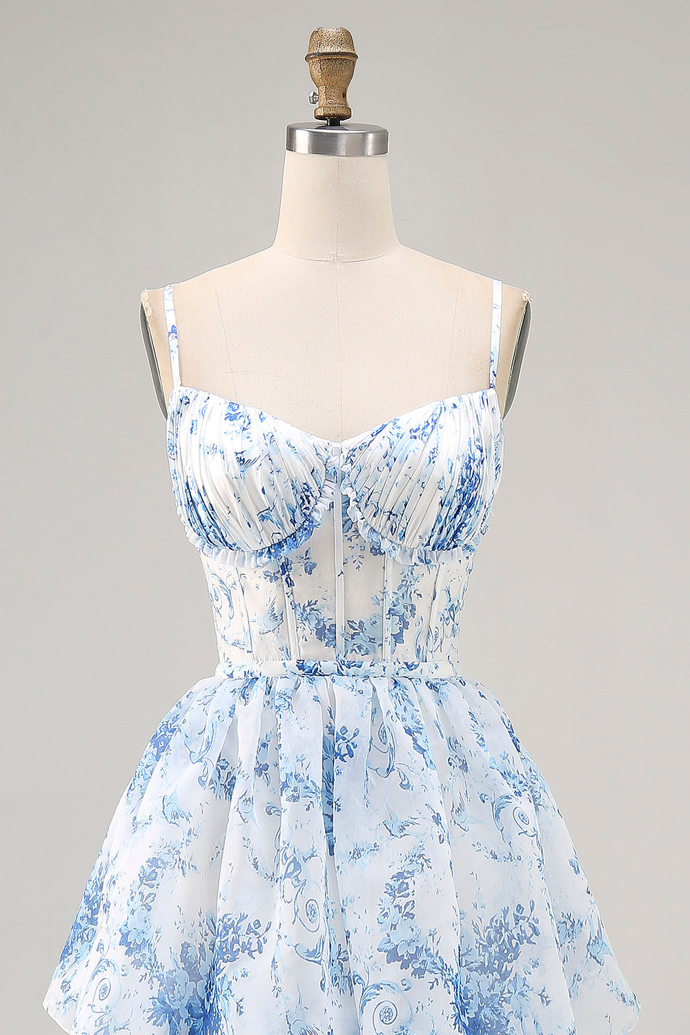 White and Blue Floral Corset Ruffled Long Wedding Guest Dress with Slit
