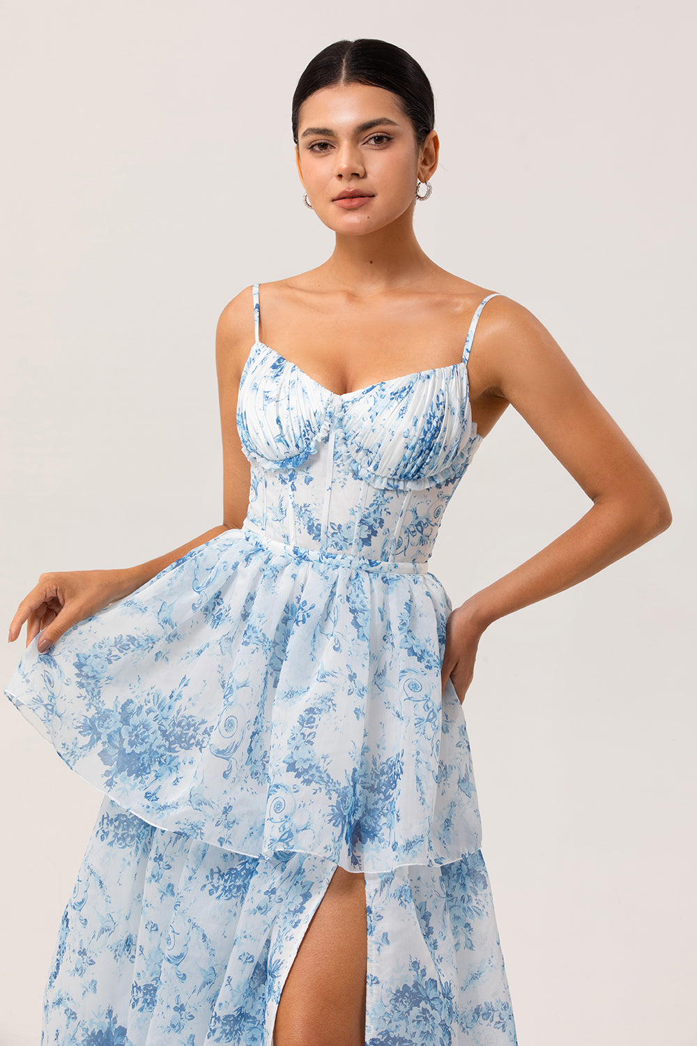 White and Blue Ruffled Corset Long Floral Wedding Guest Dress with Slit