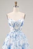 White and Blue Floral Corset Ruffled Long Wedding Guest Dress with Slit