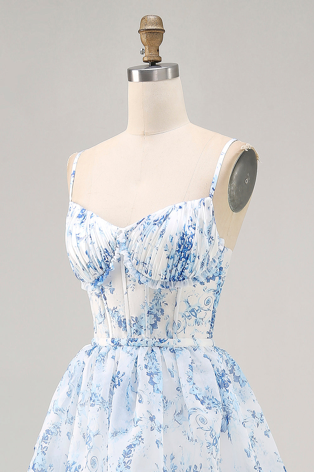 White and Blue Floral Corset Ruffled Long Wedding Guest Dress with Slit