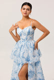 White and Blue Ruffled Corset Long Floral Wedding Guest Dress with Slit